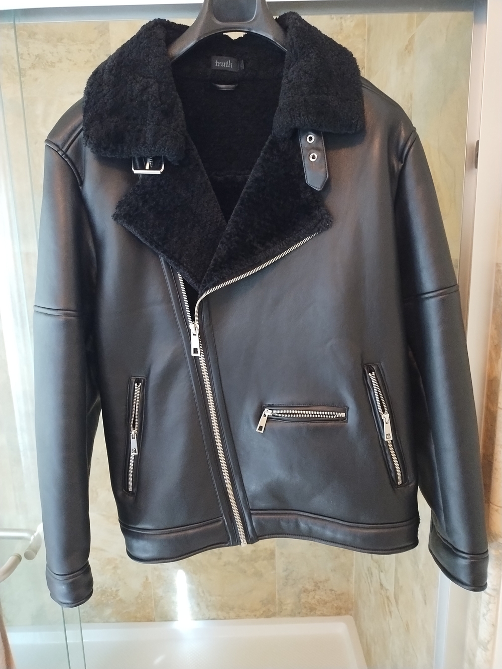 Truth Black Faux Leather Shearling Bomber Jacket